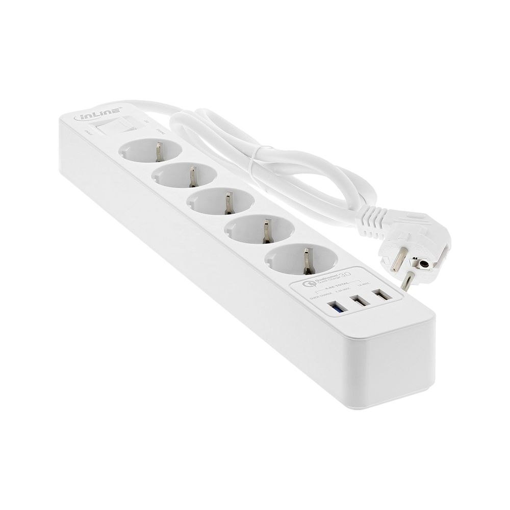 Steckdosenleiste, 5-fach Schutzkontakt, Überspannungsschutz und QuickCharge USB, mit Schalter, 1,5m, weiß