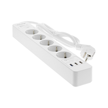 Steckdosenleiste, 5-fach Schutzkontakt, Überspannungsschutz und QuickCharge USB, mit Schalter, 1,5m, weiß