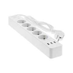 Steckdosenleiste, 5-fach Schutzkontakt, Überspannungsschutz und QuickCharge USB, mit Schalter, 1,5m, weiß