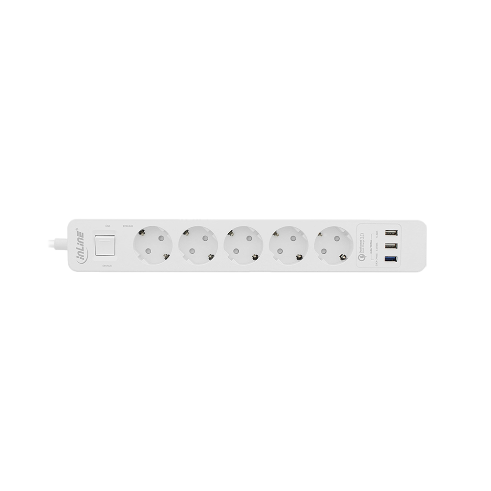 Steckdosenleiste, 5-fach Schutzkontakt, Überspannungsschutz und QuickCharge USB, mit Schalter, 1,5m, weiß
