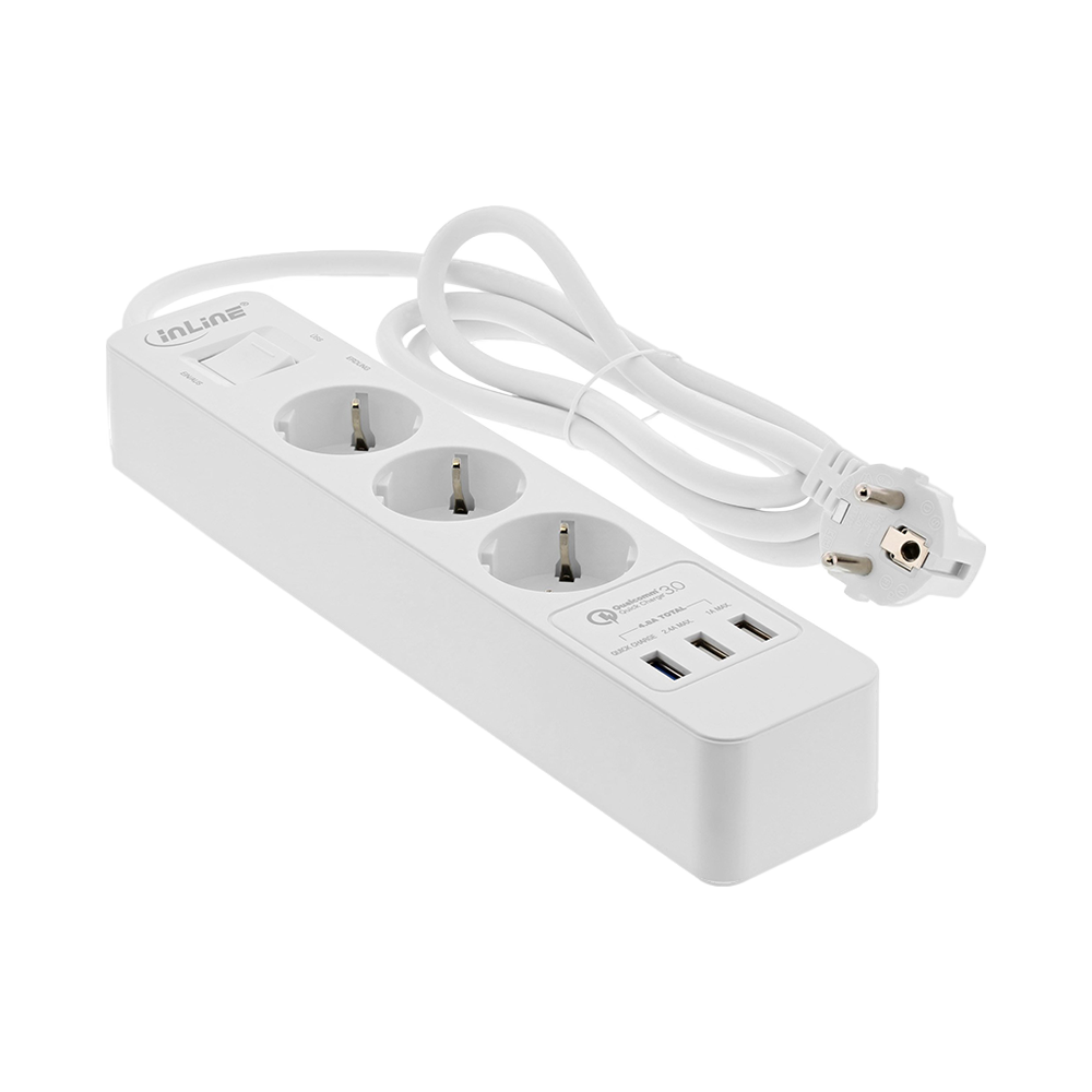 Steckdosenleiste, 3-fach Schutzkontakt, Überspannungsschutz und QuickCharge USB, mit Schalter, 1,5m, weiß