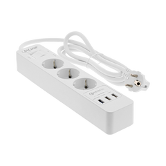 Steckdosenleiste, 3-fach Schutzkontakt, Überspannungsschutz und QuickCharge USB, mit Schalter, 1,5m, weiß