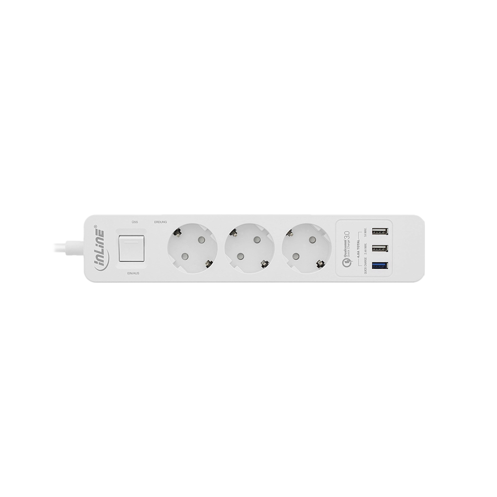 Steckdosenleiste, 3-fach Schutzkontakt, Überspannungsschutz und QuickCharge USB, mit Schalter, 1,5m, weiß