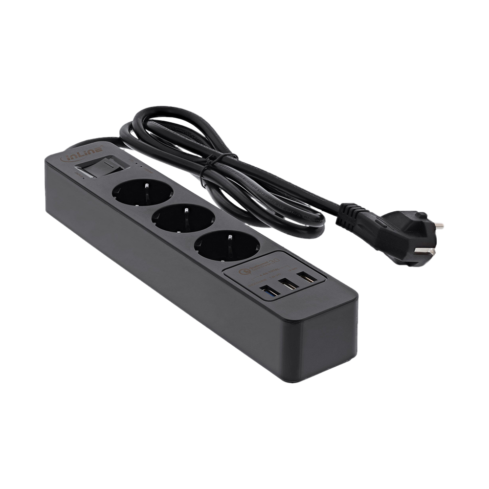 Steckdosenleiste, 3-fach Schutzkontakt, Überspannungsschutz und QuickCharge USB, mit Schalter, 1,5m, schwarz