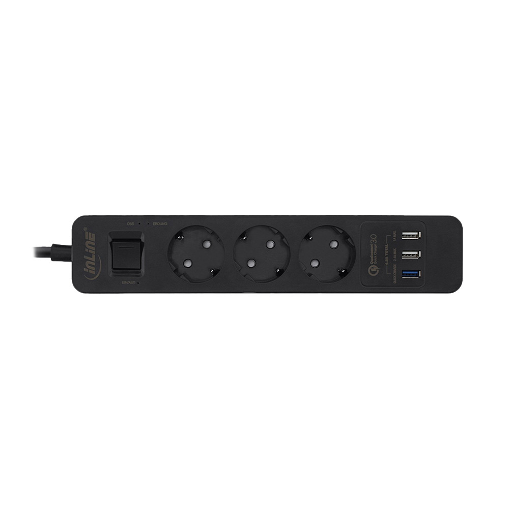 Steckdosenleiste, 3-fach Schutzkontakt, Überspannungsschutz und QuickCharge USB, mit Schalter, 1,5m, schwarz